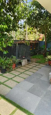 a garden with a bench and some plants and trees at joys villa self service villa in Cherai Beach