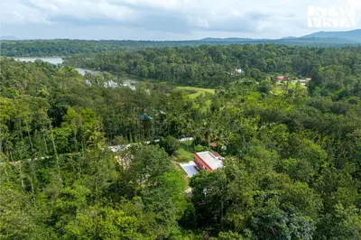 an aerial view of a house in the forest at The Canopy 3BR Coorg in Suntikoppa