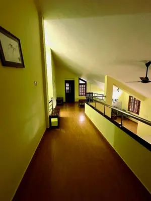 an empty room with green walls and wooden floors at Hazel and Oak in Vythiri