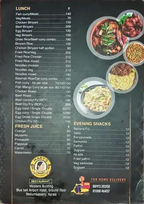 a menu for a restaurant with a bunch of dishes at Blue Bell Hotel in Nedumbassery