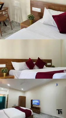 two pictures of a hotel room with two beds at Thamarassery INN luxury and budget Rooms in Thamarassery