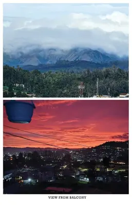 two pictures of a sunset and a view from balcony at Mellowlux Ooty in Ooty
