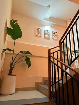 a stairway with a plant in a pot next to a staircase at AJ Wayanad Suites in Kalpetta