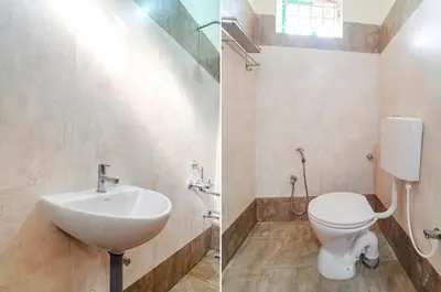 two pictures of a bathroom with a toilet and a sink at Subam Residency in Singānallūr