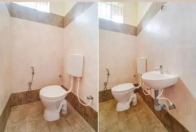 two pictures of a bathroom with a toilet and a sink at Subam Residency in Singānallūr