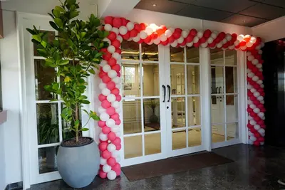 a balloon arch with a potted tree in front of a door at Doro Royal Suite in Mannārakkāt