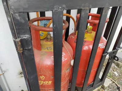 a red fire hydrant sitting behind a fence at Fully furnished 3BHK 2 Floor Villa in Angamali