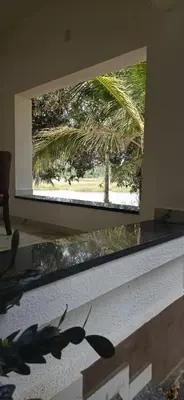 a view of a palm tree through a window at Bharathapuzha villa in Kārakkād