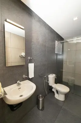a bathroom with a sink and a toilet and a mirror at Hotel Luciya Palace in Trichūr