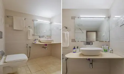 two pictures of a bathroom with a toilet and a sink at Treebo Sadhoo Heritage in Kannur