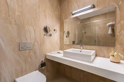 a bathroom with a sink and a mirror and a toilet at Mango Hill Coimbatore-Near Isha Yoga in Alāndurai
