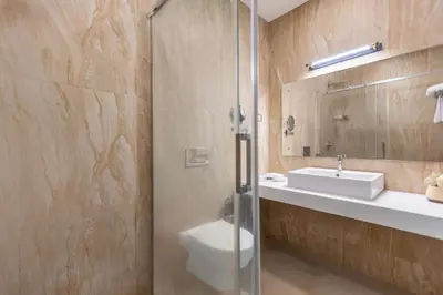 a bathroom with a shower and a toilet and a sink at Mango Hill Coimbatore-Near Isha Yoga in Alāndurai