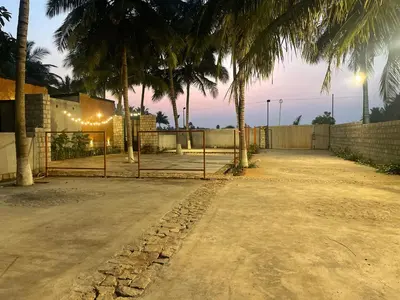 a driveway with palm trees and a fence at Rustic Nestle, Tirupur in Tiruppūr