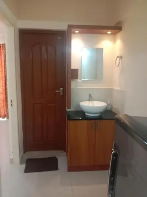 a bathroom with a sink and a wooden door at Airport Tree in Nedumbassery