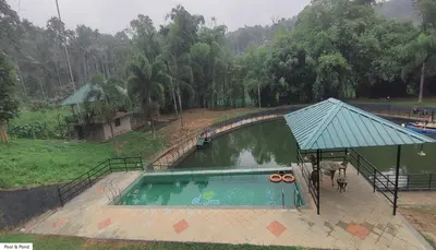 a swimming pool in the rain with at Stone Villa in Blooms Green Farm in Wayanad
