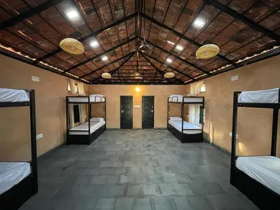 a room with three bunk beds in it at Moonrise Kingdom Permaculture Farm Stay in Hura