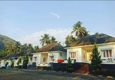 a row of houses with palm trees in the background at Boganvilla, Magic Land Resort in Athirappilly