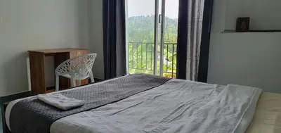 a bedroom with a bed and a window with a chair at Parthees Homestay in Meppādi