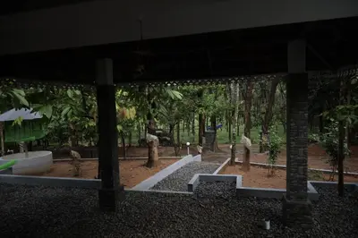 a view of a park with benches and trees at Rainy Woods Inn in Neriyamangalam