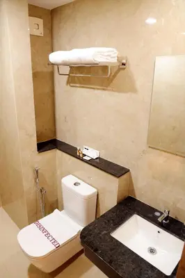 a bathroom with a white toilet and a sink at Hotel Le Palace in Coimbatore