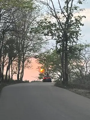 a car driving down a road with the sunset in the background at Ibex Resorts, Malampuzha - Kava Eco Camp and Caravan Park in Palakkad