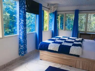 a bedroom with a bed with blue curtains and windows at Fogland Villa in Vaduvanchal