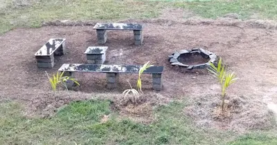three picnic tables and a fire pit in a field at Hidden Haven 1BR Coorg in Kushālnagar