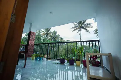 a balcony with potted plants and a palm tree at Wayanadanhuts Home Stay in Sultan Bathery
