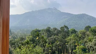a mountain in the distance with trees in the foreground at Alpine Zenith - Luxury Wooden Cottages in Meppādi