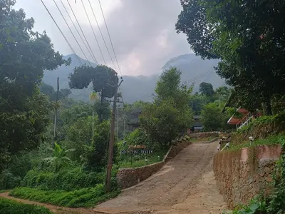 a dirt road with a mountain in the distance at Vanillafarms in Wayanad