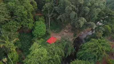 a red house in the middle of a forest at Oryx Villai in Vythiri
