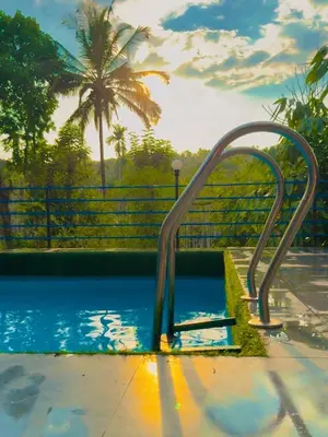 a slide in a pool with a palm tree in the background at Wayanad Coffee Vintage in Wayanad