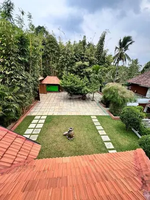 a duck sitting on the grass in a garden at Riverside Luxury Private Pool Villa in Athirappilly in Athirappally