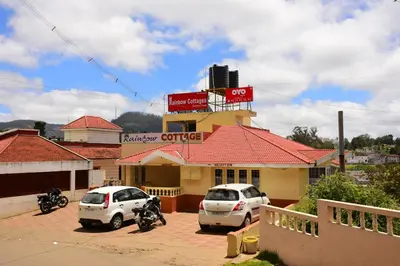 two cars parked in a parking lot in front of a restaurant at Rainbow Cottages-Budget Friendly rooms in Ooty