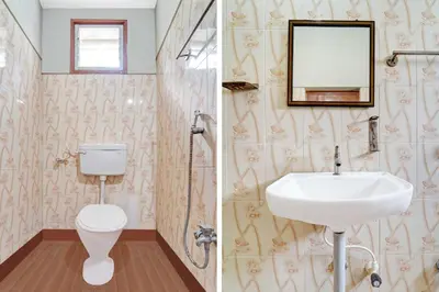 two pictures of a bathroom with a sink and a toilet at Collection O Central Railway Station Tiruppur in Tiruppūr