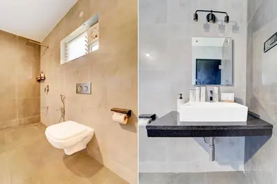 two pictures of a bathroom with a sink and a toilet at Garden Haven 3 BHK Villa with Balcony and Verandah Escape in Kotagiri