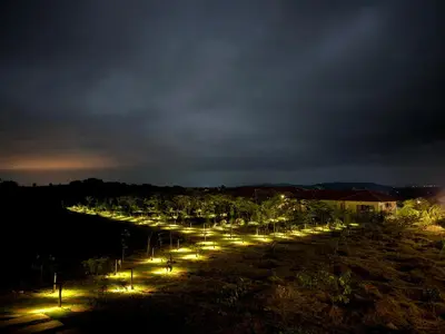 a long row of street lights at night at Leopard Hill Resort - Bandipur in Bandipūr