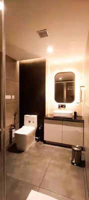 a bathroom with a toilet and a tv on the wall at The Palazzo Chakolas in Trichūr