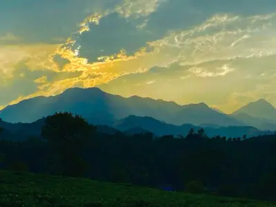 a sunset over a mountain range with trees in the foreground at Hayashi Resort in Meppādi