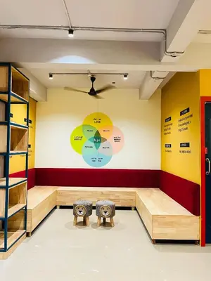 a waiting room at a store with two benches at Tokyo Dorms in Kozhikode