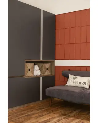 a bedroom with red and gray walls and a bed at Hillside Home 3 BHK Villa by tisyastays in Yedapalli
