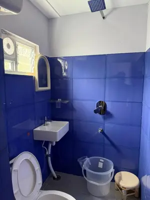 a blue bathroom with a toilet and a sink at JMS Holiday homes in Coonoor