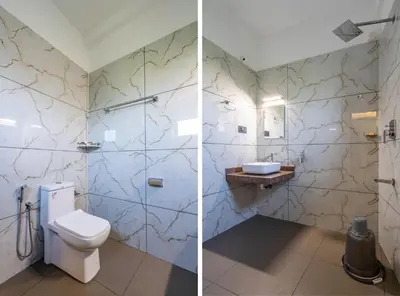 two pictures of a bathroom with a toilet and a sink at AIRNEST Airport Residency in Nedumbassery