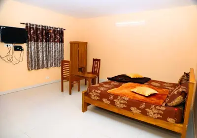 a bedroom with a bed and a chair and a television at JJ Homes in Ooty