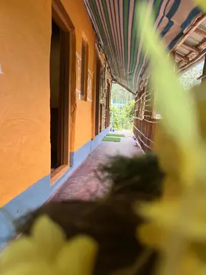 a hallway of an old building with windows and plants at Kovilakam in Vattavada