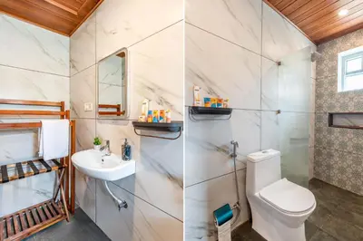 a bathroom with a toilet and a sink at StayVista at Rustling Pine with Bonfire, BBQ & Lawn in Ooty