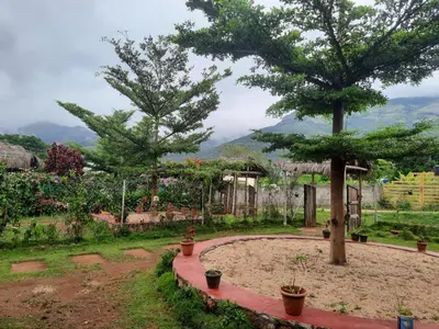a garden with two trees in a yard at Mannora Resorts Marayoor in Marayoor