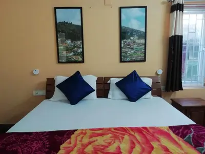 a bedroom with a large white bed with blue pillows at Queenhill Apartment in Ooty