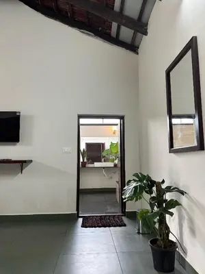 a hallway with a mirror and a potted plant at Sky Holiday Homestay Cottages Madikeri Kushalnagar Coorg in Kushālnagar