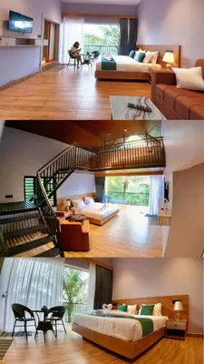 a collage of four pictures of a living room at Mercure Resort Wayanad in Mananthavady